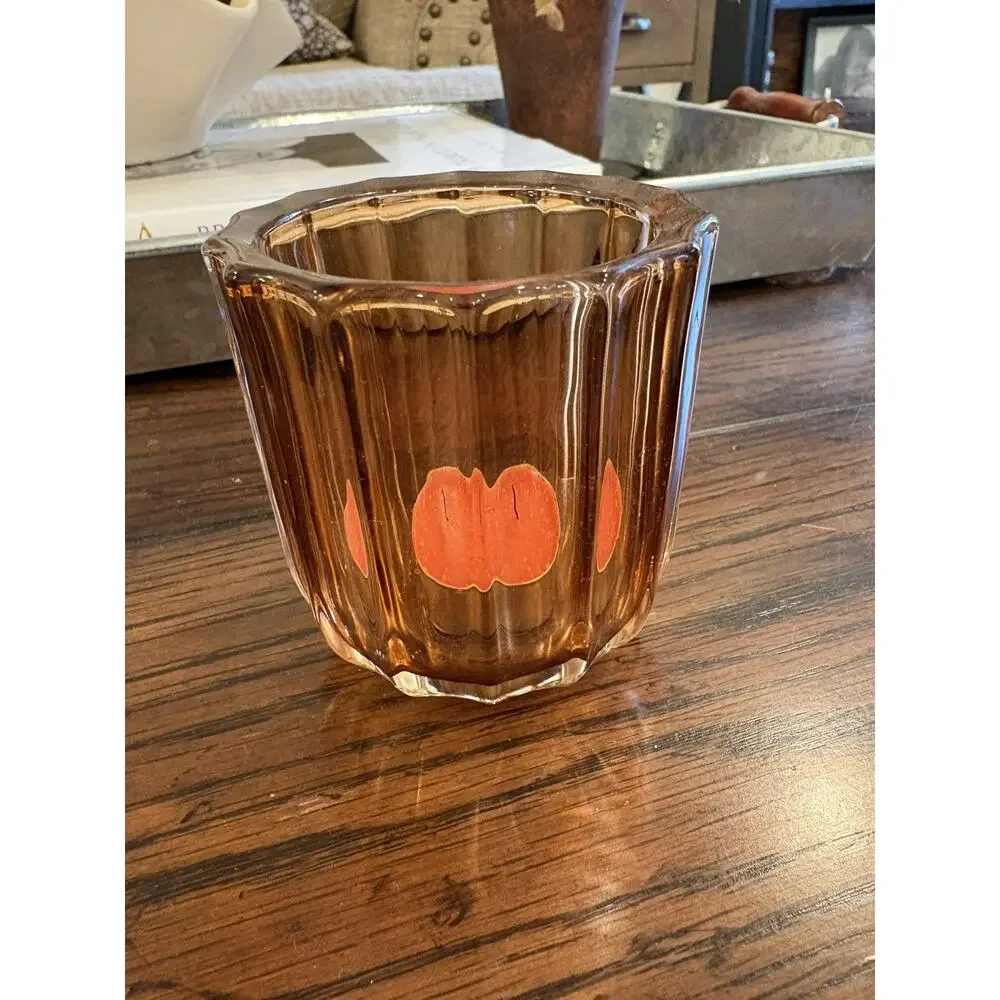 Vintage Style Amber Orange Glass Votive Candle Holder-Perfect For Fall Decor